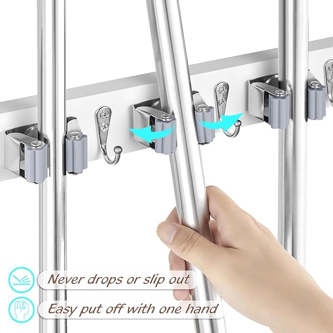 White Mop Broom Holder Wall Mount with 4 Slots & 4 Hooks - Wood Broom Mop Hanger for Pantry Closet Laundry Room Organization - Heavy Duty Garden Tool Organizer - White Kitchen Decor