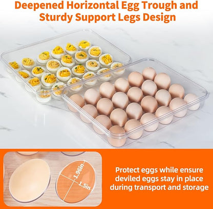 2 Pack Deviled Egg Containers with Lid and Handle, Durable Clear Plastic Deviled Egg Carrier Storage 48 Eggs, Stackable Egg Holder for Fridge, Portable Tray Platter for Party & Picnics-White