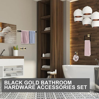 Gisafai 20 Pcs Black Gold Bathroom Hardware Accessories Set 23.6 Inch Bath Towel Bar Kit Stainless Steel Bathroom Hardware Set Towel Racks Ring Robe Hooks Paper Holder for Wall Mounted