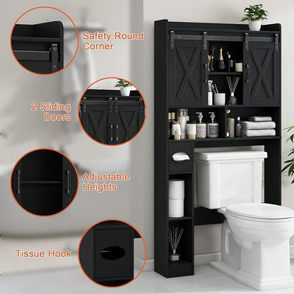 Vabches Over The Toilet Storage Cabinet, Farmhouse Storage Cabinet Over Toilet with Sliding Doors & Toilet Paper Holder Stand，Home Space-Saving Toilet Rack, for Bathroom, Laundry and Restroom.Black