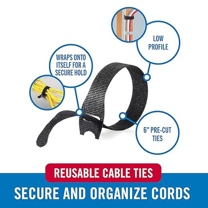 VELCRO Brand Reusable Cable Ties – Valentines Day Gifts for Men, 100 Pack 6 Inch Cable Management Ties, Cord Wraps for Electrical Cords, Black