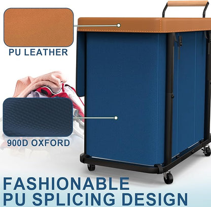 230L (60 Gal) Extra Large Fashion Laundry Sorter 3 Section with Lid, Rolling Laundry Basket Hamper with Handle, Laundry Organizer Storage Cart with Sturdy Metal Frame for Laundry Room, Dark Blue