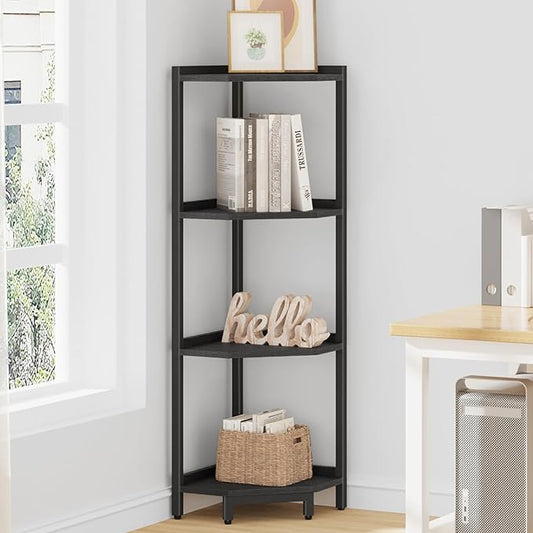 Corner Shelf Stand, Corner Bookshelf, Storage Standing Shelf Unit with Metal Frame, Plant Stand, Corner Bookcase for Living Room, Home Office, Bedroom, 4-Tier Black CS05806B