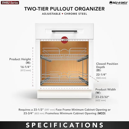 Rev-A-Shelf 2-Tier Kitchen Cabinet Pullout Shelf and Drawer Organizer Slide Out Pantry Storage Basket in Multiple Sizes, 24 x 22 In, 5WB2-2422-CR-1