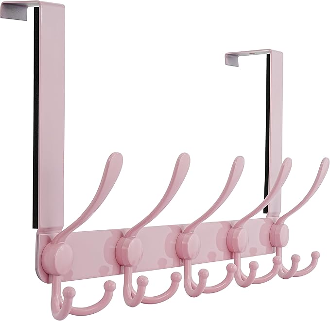 Dseap Over The Door Hook Hanger - Fits 1 3/8" to 1 3/4" Standard Doors | 5 Tri Hooks Heavy Duty Towel/Coat Rack | Door Organizer for Clothes, Jackets, Hats, Towels, Pink