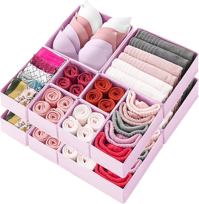 Mooisco 12 Pack Drawer Organizer Clothes, Fabric Closet Organizers and Storage, Foldable Cloth Storage Bins for Underwear Socks, Bra, Ties, Scarf, Belt, Hair Accessories, Pink