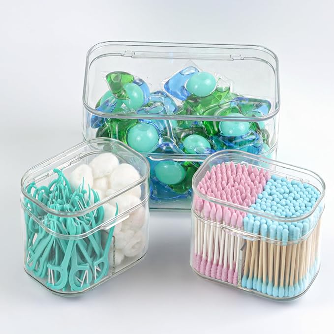 Clear Bathroom Organizer, 2-Size Essentials Set for Hail Accessories & Beauty Supplies,Cotton Swabs,Balls,Pads - Small Clear Plastic Canister Apothecary Jar Set, Vanity Makeup Storage Organizer (L+2S)