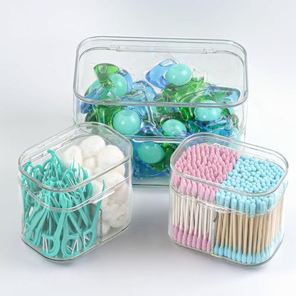 Clear Bathroom Organizer, 2-Size Essentials Set for Hail Accessories & Beauty Supplies,Cotton Swabs,Balls,Pads - Small Clear Plastic Canister Apothecary Jar Set, Vanity Makeup Storage Organizer (L+2S)