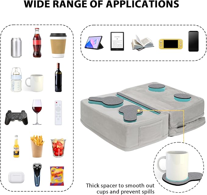 Couch Cup Holder Tray Pillow, Large Sofa Organizer Caddy with 6 Holes and Side Pocket Bed Refreshment Tray for iPad, Drinks, Remotes, Phones, Snacks, Removable & Washable (Silver)