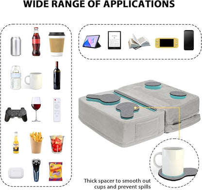 Couch Cup Holder Tray Pillow, Large Sofa Organizer Caddy with 6 Holes and Side Pocket Bed Refreshment Tray for iPad, Drinks, Remotes, Phones, Snacks, Removable & Washable (Silver)