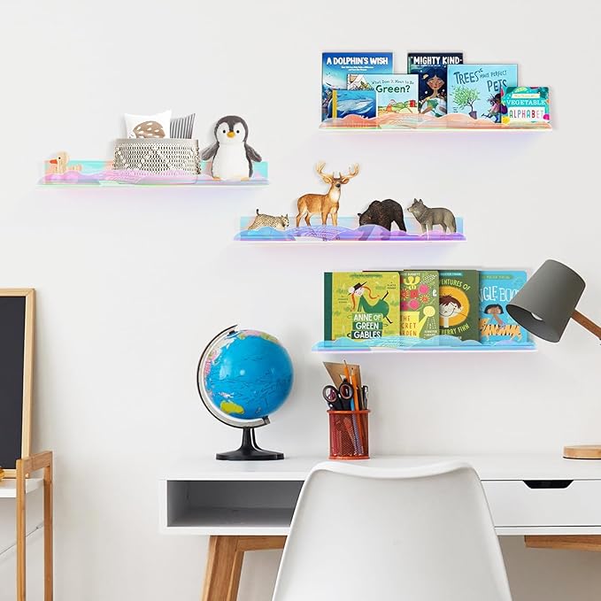 Iridescent Rainbow Acrylic Floating Shelves,15in Kids Wall Mounted Nursery Bookshelves, Display Ledge for Books Toys Cosmetic, Bathroom Bedroom Living Room Wall Decor and Storage, 2 Pack