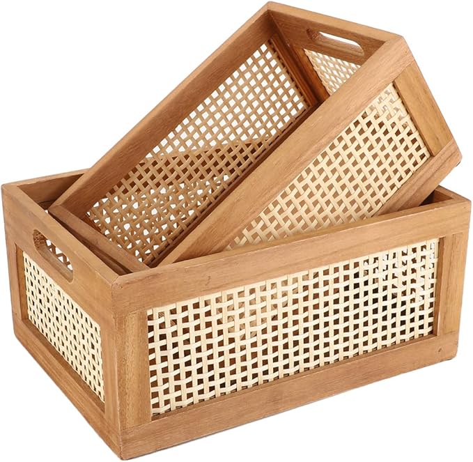 Desktop Storage Basket, Office Drawer Storage Box, Wood Frame Storage Basket with Built-In Handles for Kitchen Pantry, Cabinet, Office, Bedroom, Rustic Country Decor (Brown-Set2)