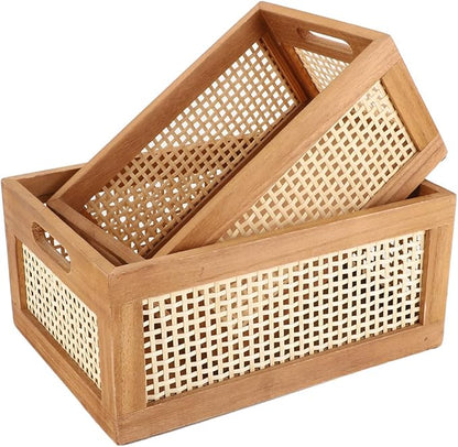 Desktop Storage Basket, Office Drawer Storage Box, Wood Frame Storage Basket with Built-In Handles for Kitchen Pantry, Cabinet, Office, Bedroom, Rustic Country Decor (Brown-Set2)