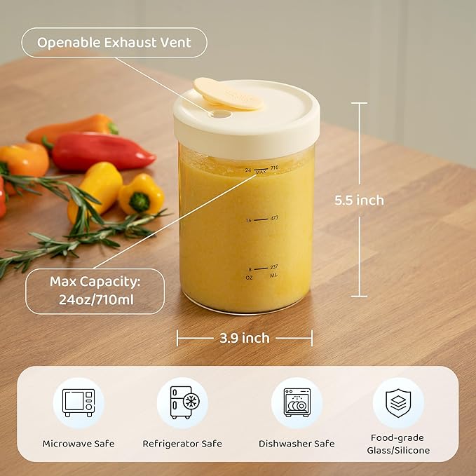 SOLIGT 4-Pack Soup Freezer Containers with Vented Lids, 24oz Glass Food Storage Jars, Microwave-Safe, Leakproof Meal Prep Jars for Soup, Stew, Sauce, Dishwasher Safe
