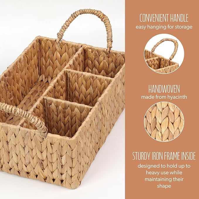 Divided Water Hyacinth Baskets with Handles, Storage Basket Woven Natural for Organizing Bathroom Kitchen Shelves Office Supplies Organization, Wicker Storage Baskets 4 Section Rectangular Tray