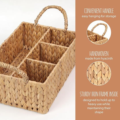 Divided Water Hyacinth Baskets with Handles, Storage Basket Woven Natural for Organizing Bathroom Kitchen Shelves Office Supplies Organization, Wicker Storage Baskets 4 Section Rectangular Tray