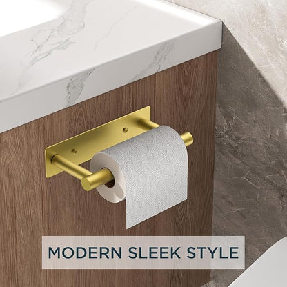 FORIOUS Toilet Paper Holder, Adhesive or Wall Mounted Options, Stainless Steel Rustproof Stick on no Drilling Double Post Pivoting Toilet Tissue Roll Holder Wall Mount for Bathroom, Brushed Gold
