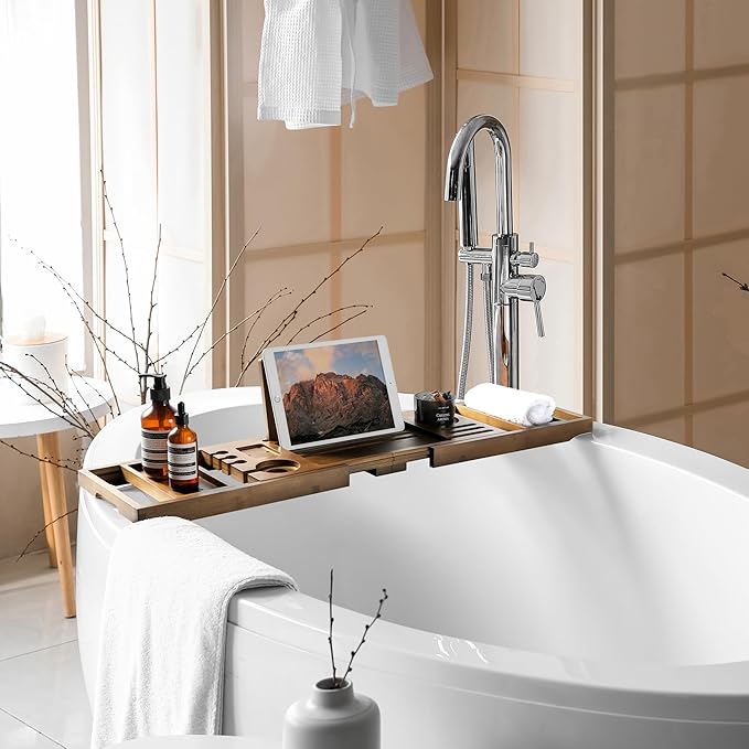 Realgulf Bamboo Bathtub Tray Caddy - Splash-Proof Adjustable (28.5-40") with Wine Holder, Tablet Stand & Non-Slip Grip | Spa-Grade Organizer for Bath Essentials & Reading- Walnut