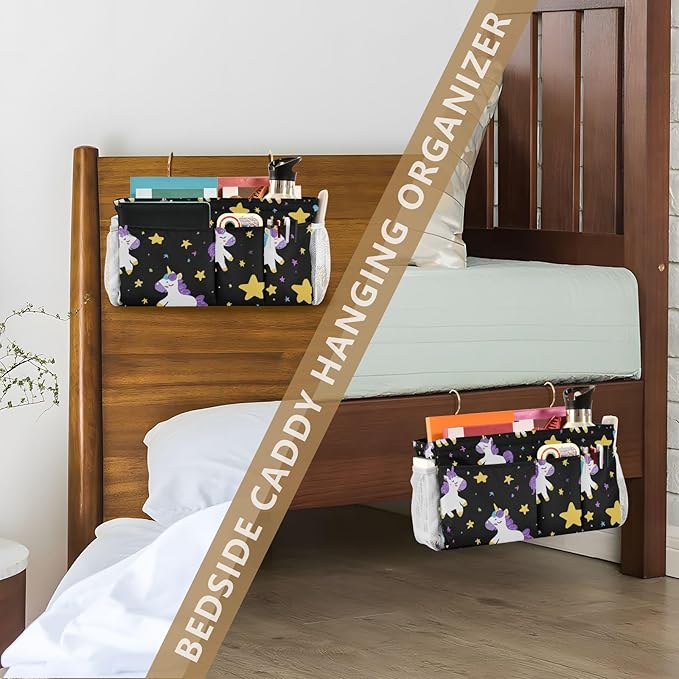 CuwrYet Bedside Caddy Hanging Bunk Bed Caddy Bed Organizer Hanging Pocket with 2 Hooks Bedside Storage Organizer Pocket Bag Holder Cute Unicorns Hearts Black