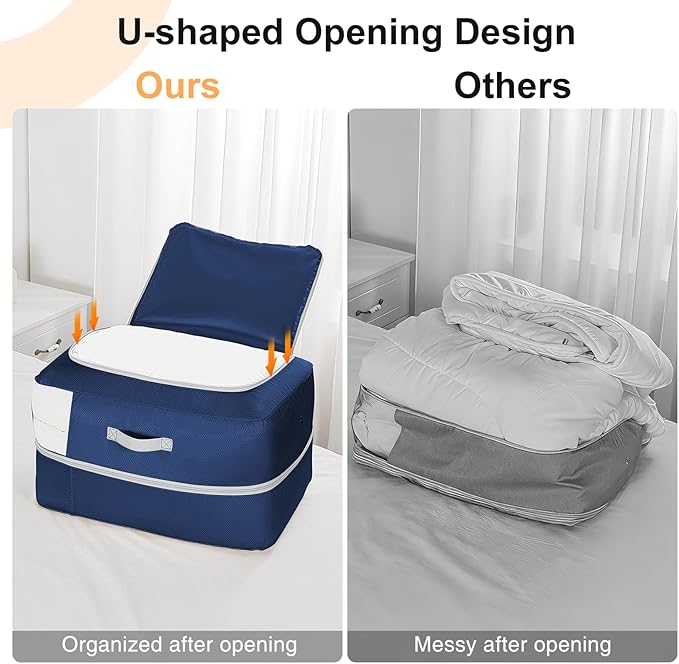 Easortm Comforter Storage Bag - 110L Large Capacity Blanket Storage Bags Ultra Space Saving Self Compression Organizer, Washable Compression Bags for Storage Comforter Blanket, 4-Pack, Navy Blue