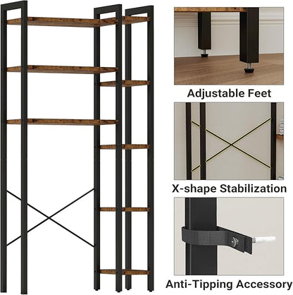 IRONCK Over The Toilet Storage with 8-Titer Shelf, Mass-Storage Side Storage Open Rack, Freestanding Bathroom Organizer Space Saver, for Bathroom, Restroom, Laundry, Vintage Brown