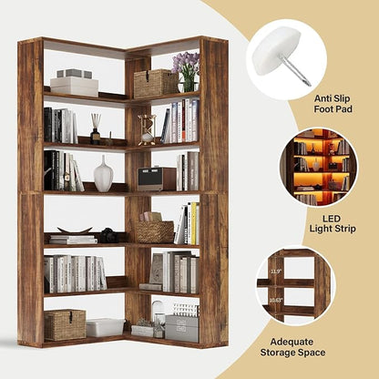 4 EVER WINNER Corner Bookshelf, 6 Tier Bookcase with LED Light and Storage, Industrial Tall Bookshelf Etagere Bookcase, 71” Corner Book Shelf with Storage Display Rack with Baffles for Home Office