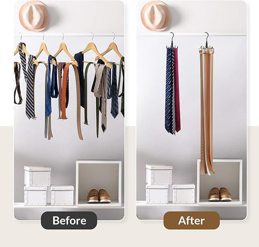 ZEDODIER Tie Hanger for Closet, 2 Pack Rotatable Tie Organizer for Men with 16 Hooks, Heavy Duty Space Saving Tie Rack for Ties and Belts, Black