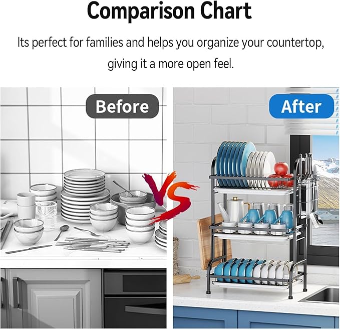 Haboqo Large Dish Drying Rack Multifunctional 3 Tier Dish Rack with Drain Tray, Dish Drainer for Kitchen Counter with Drainboard/Utensil/Cup Holder Rust Proof Carbon Steel