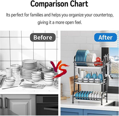 Haboqo Large Dish Drying Rack Multifunctional 3 Tier Dish Rack with Drain Tray, Dish Drainer for Kitchen Counter with Drainboard/Utensil/Cup Holder Rust Proof Carbon Steel