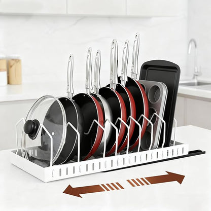 WODHMIEY 2 Pcs Pots and Pans Organizer Under Cabinet - Expandable Pull Out Cabinet Organizer for Pots and Pans, Pan and Lid Organizers Inside Cabinet, Adjustable Storage Rack (WHITE)