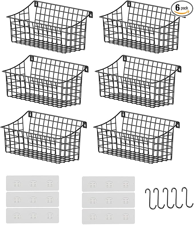 Sonyabecca 6 Pack Hanging Wall Basket for Organizing, Large Wire Basket for Storage Pantry with 5 S Hook+6 Adhesive Hook, Wall Mounted Shelf for Kitchen Bathroom