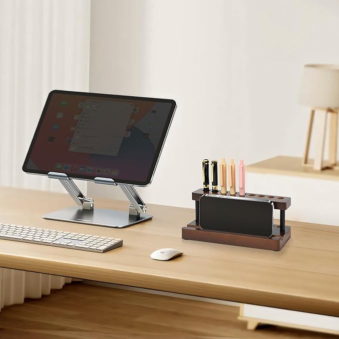Wooden Pen Holder for Desk, Pencil Holder Wood Fountain Pens Display Stand with 9 Slots and Cell Phone Holder, Pen Organizer for Office, Home