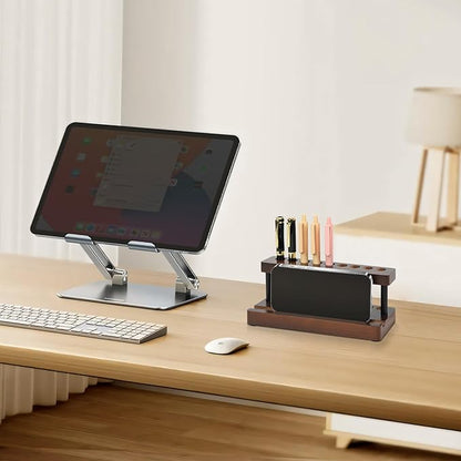 Wooden Pen Holder for Desk, Pencil Holder Wood Fountain Pens Display Stand with 9 Slots and Cell Phone Holder, Pen Organizer for Office, Home