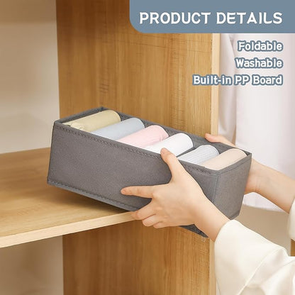 Qozary 3 Pack Sock Underwear Drawer Organizer Dividers, Non-Woven Fabric Collapsible Cabinet Closet Storage Boxes for Clothes, Socks, Lingerie, Underwear, Tie, Belt, Baby, Bedroom (Gray, 6 Cells)