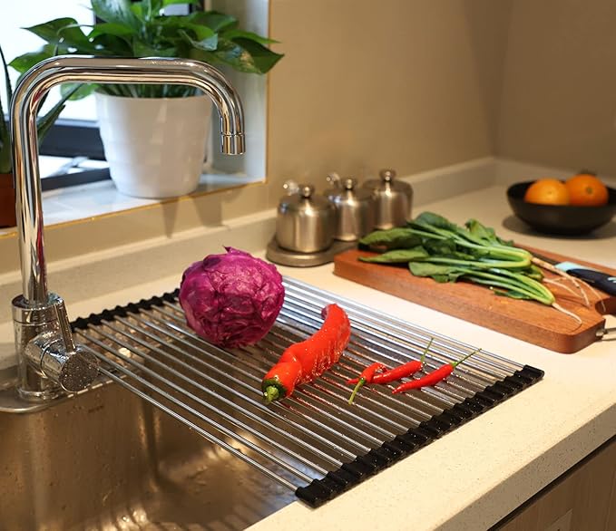 Ahyuan Roll up Dish Drying Rack Over The Sink Kitchen Roll up Sink Drying Rack Stainless Still Portable Drainer Foldable Dish Rack (Black, 17.8''X13.5'')