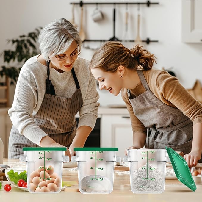 FeyBuosk 4 pcs 4qt Food Storage Containers with Lid, Square Clear Commercial Food Storage Containers with Handle and Scale for Food Storage in Home Kitchen & Dining (Green)