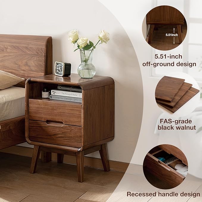 Vadisun Walnut Nightstand Set of 2, Solid Wood Nightstand with Drawers & Open Storage Shelf, Mid Century Modern Nightstands, Wood End Table for Bedroom, (Dark Black Walnut, 23.23" H)