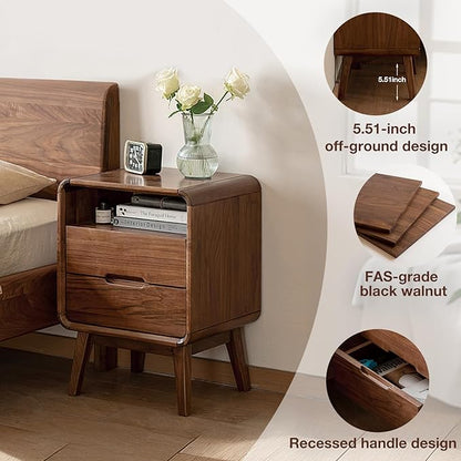 Vadisun Walnut Nightstand Set of 2, Solid Wood Nightstand with Drawers & Open Storage Shelf, Mid Century Modern Nightstands, Wood End Table for Bedroom, (Dark Black Walnut, 23.23" H)