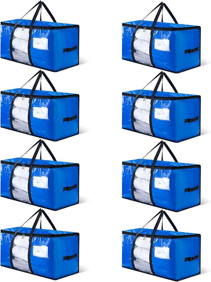 8 Heavy-Duty Moving Bags - Zinc alloy zippers, sturdy handles, durable, made of PE plastic - perfect for easy moving, dorm room, and home organization needs.
