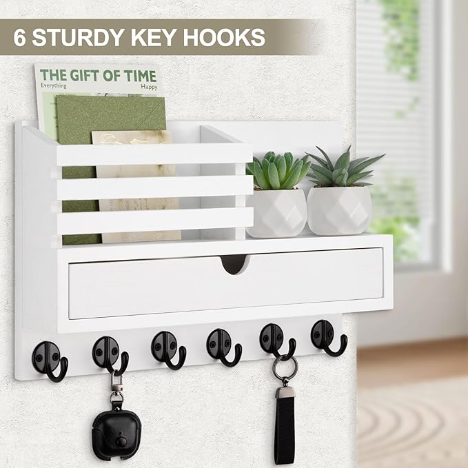 Key Holder Wall Mount, Mail Holder with Storage Drawer and 6 Key Hooks for Coat, Dog Leash, Home Decor Rack, House Accessories, Entry Way Organizer