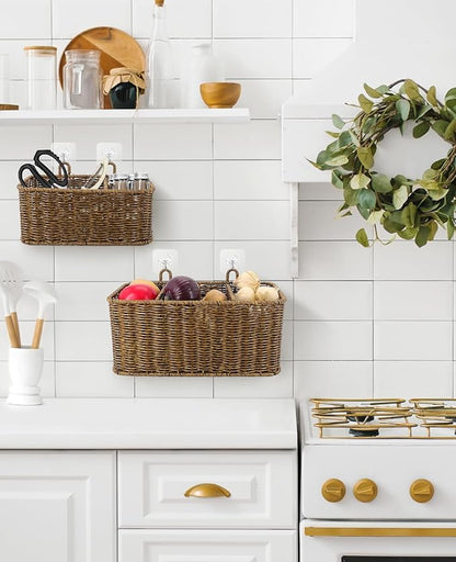 AceList Wall Hanging Basket with Compartment, Woven Hanging Storage Baskets with Hooks - Set of 2, Boho Organizer for Toilet Tank, Bathroom, Kitchen, and Pantry Decor