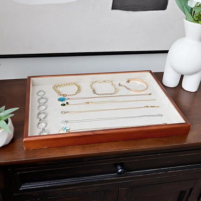 Elegant Wood Flat Jewelry Tray – 14"x9.5" Velvet Lined Display Organizer for Rings, Bracelets, Necklaces – Classic Wooden Storage for Vanity, Dresser, Countertop, White&Brown