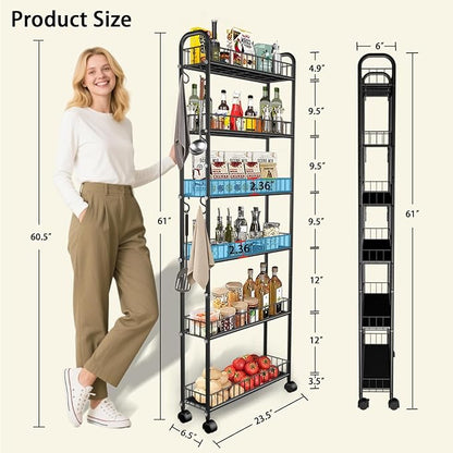 Slim Storage Cart with Wheels, 6-Tier 6in Black Narrow Rolling Shelf,Sturdy Slim Storage Ideal for Kitchen, Bathroom, and Laundry Room