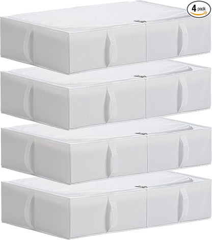 TYEERS Under Bed Storage Containers, Durable Fabric, Washable, Collapsible, Under Bed Storage Bins for Clothes, Blankets, Sheets, Shoes, 27.5x16.5x7 Inches, 4-Pack, White