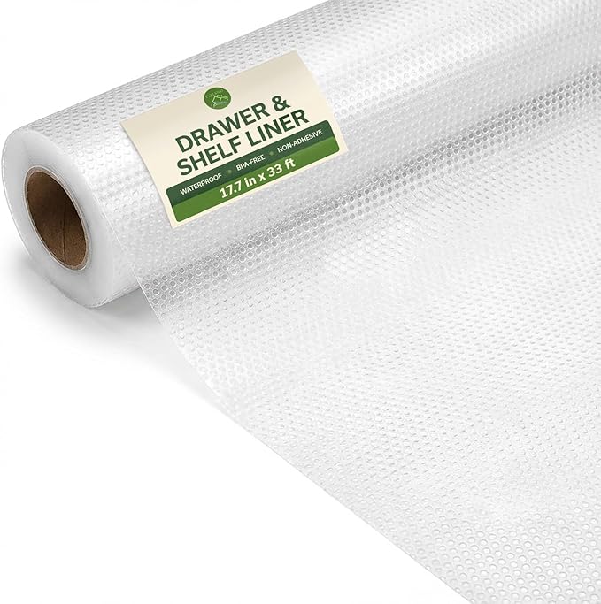 EVALAND Shelf Liners for Kitchen Cabinets Non-Adhesive 17.7" x 33 FT Clear Drawer Liner Non Slip, Washable Cabinet Liner, Waterproof Shelf Liners for Cabinets, Refrigerator Bathroom Pantry Cabinet Mat