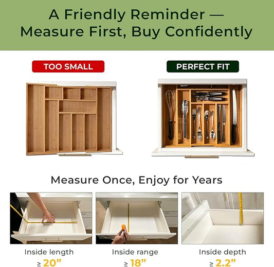 Carbonized Bamboo Kitchen Drawer Organizer, 10 Slots Expandable Silverware Organizer, Utensil Holder & Cutlery Tray, 2.2" Deep for Extra Capacity, Non-Slip Feet Included