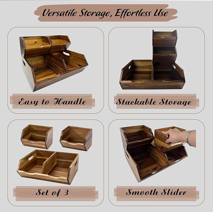 Acacia Wood Pantry Storage Bins, Stackable Storage Baskets Potato and Onion Storage Bins, Pantry Organizer Wooden Baskets Organization and Storage, Set 3 Pieces