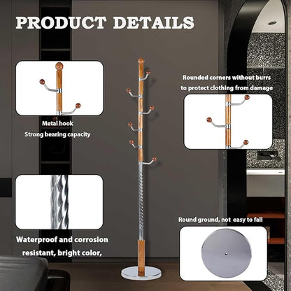 Coat Racks FreeStanding with 11 Hooks, Natural Wood Coat Rack with Solid Round Base, Adjustable Height Coat Racks, Easy Assembly for Hallway, Bedroom and Office (Solid Wood Metal Hook)