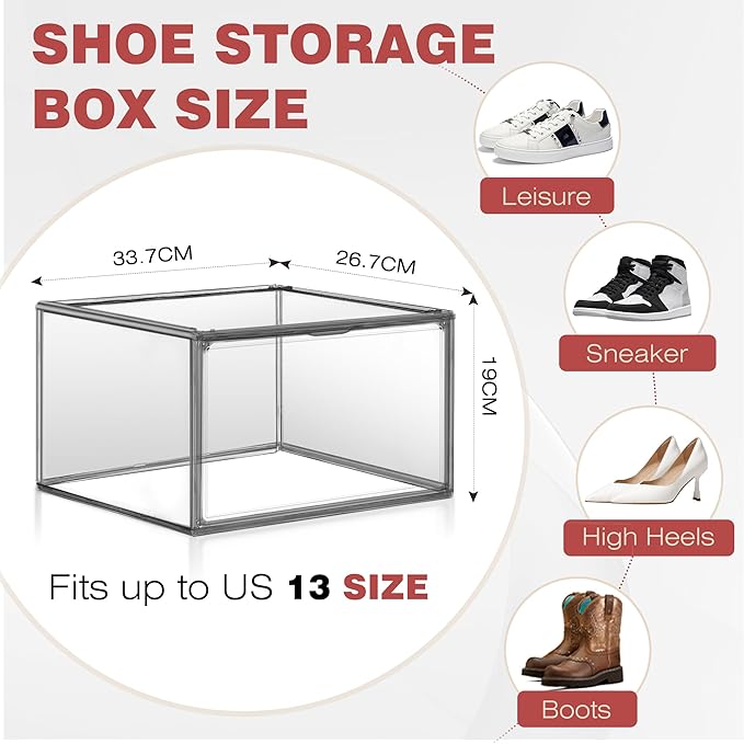 EDS FAM 10 Pack Large Clear Shoe Box Shoe Storage Organizer with Magnetic Door Stackable Shoe Containers for Sneakers, High Heels, Sport Shoes, Size 13