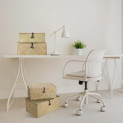 Woanger Set of 4 Wicker Storage Baskets Organizer，Handwoven Storage Bins with Lid for Organizing, Home Utility Box for Home Office Supplies Multipurpose Container(Natural Color)